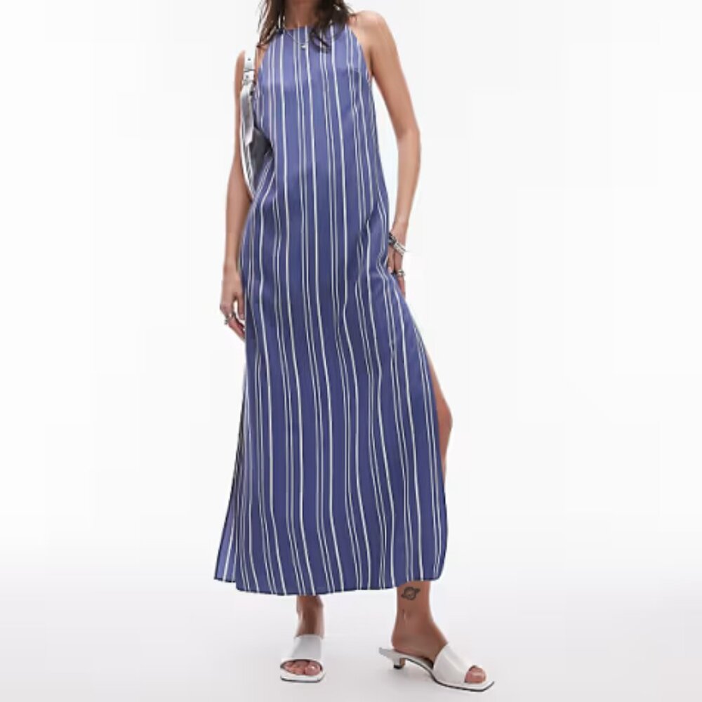 Topshop // Sleeveless high slit column maxi dress in blue stripe print